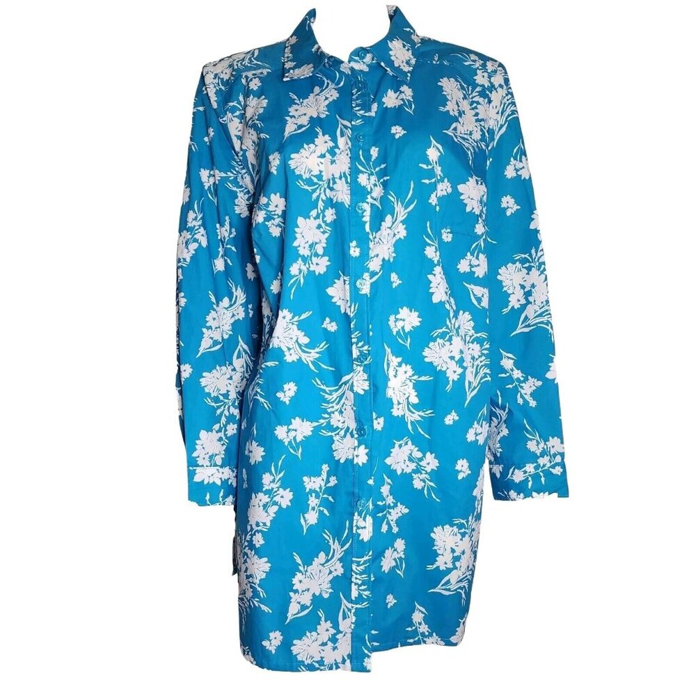 Roamans Shirt Womens Plus Size 22W Button Down Blue White Floral Long Sleeve